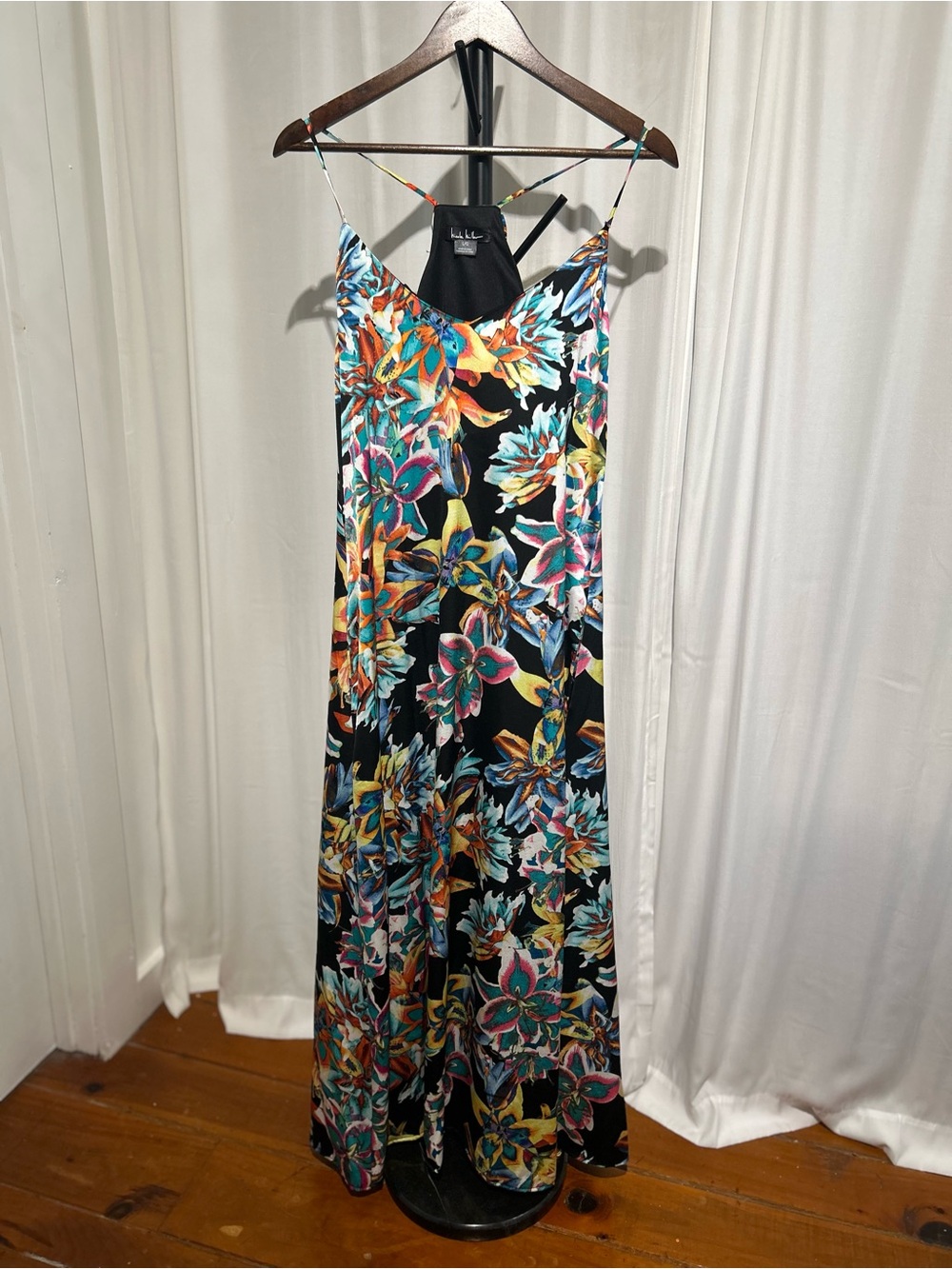 Nicole Miller Black Floral Spaghetti-Strap Maxi Dress